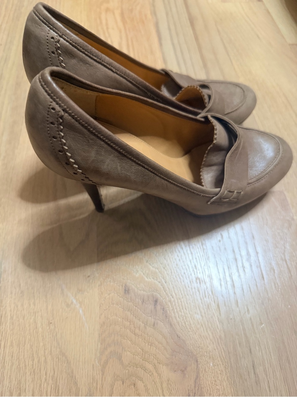 J Crew Biella Warm Brown Italian Leather High Heel Loafers -9